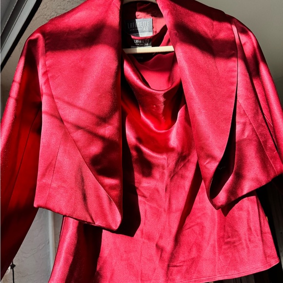 Lafayette 148 New York Red Silk 2pc Set Red Cropped Jacket and Shell | Petite 6 - Picture 3 of 8